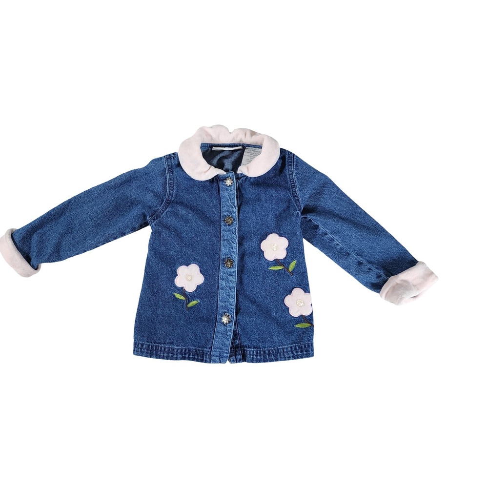 Specialty Kids Vintage Denim Jacket 24M Blue Floral Embroidered Pink Velour Trim